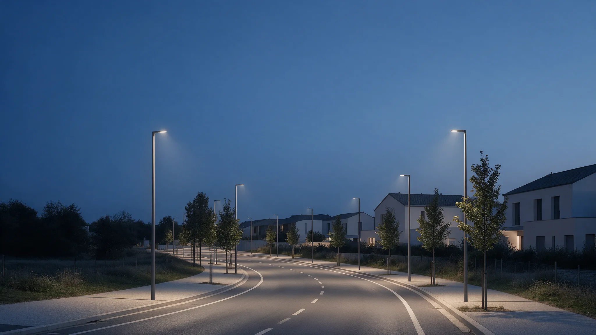 Visualisation d’une voie éclairée à l’heure bleue, bordée de trottoirs, d’arbres et de logements.