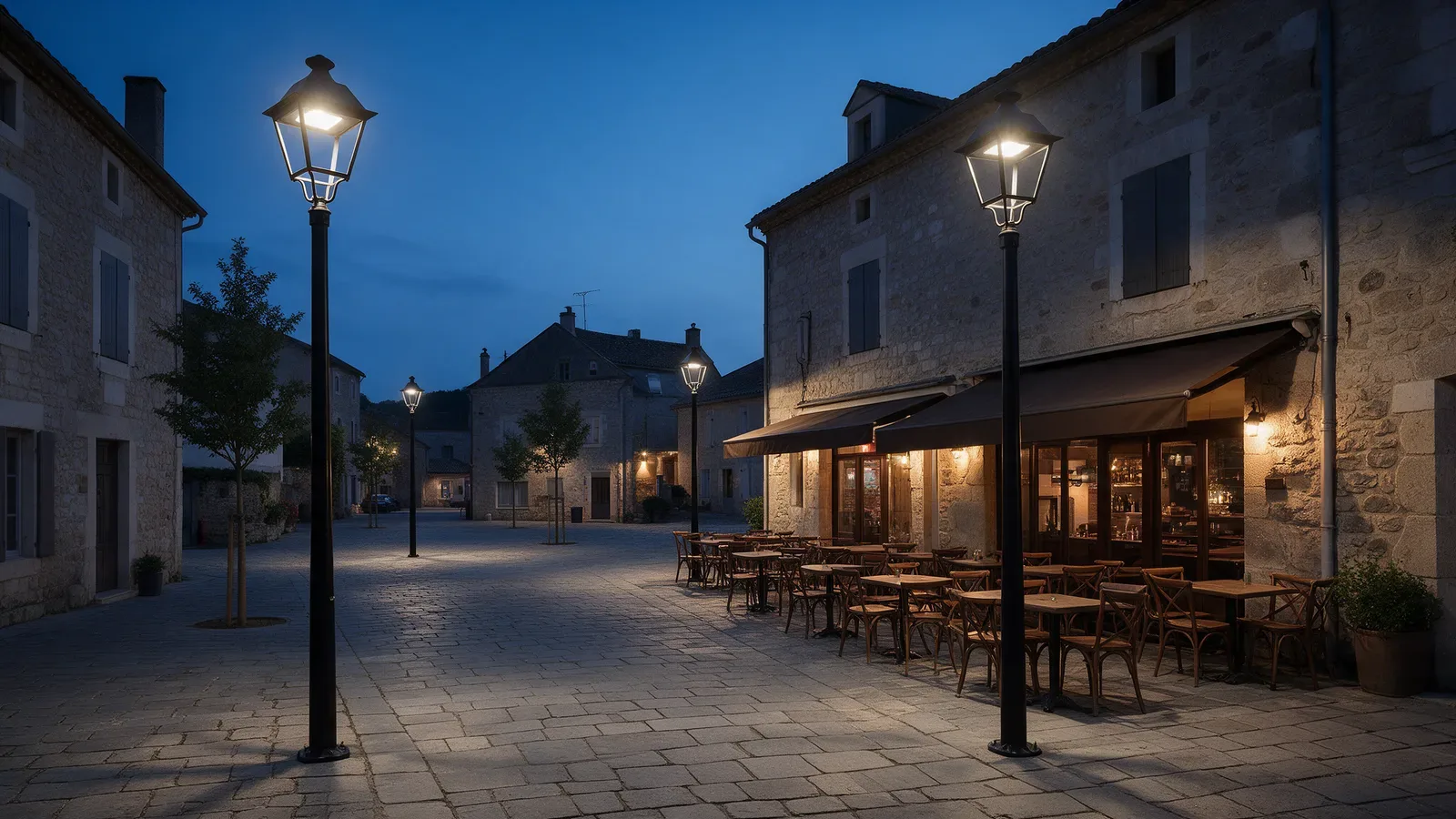 Petite place de village en pierre à l’heure bleue, avec lanternes ouvertes noires sur de fins mâts.